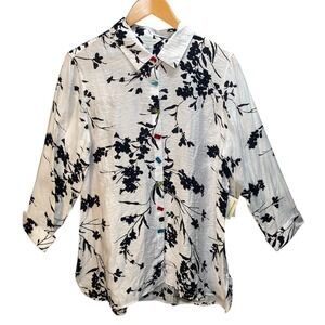 Floral Print Button Down Shirt Medium‎ Colorful Buttons 3/4 Sleeve Tunic Boho